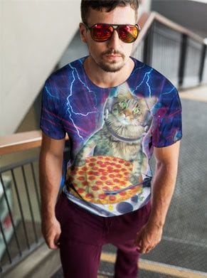 festivalshirt met een kat en een pizza als dj