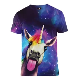 Festivalshirt van Superfout - fout t-shirt - festival outfit - rave kleding - techno outfit - kleding voor fout feest shirt - regenboog shirt met een eenhoorn die je een dikke lik geeft