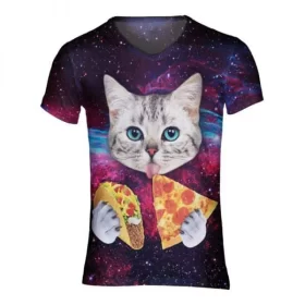 Festivalshirt van Superfout - fout t-shirt - festival outfit - rave kleding - techno outfit - kleding voor fout feest - galaxy shirt met kat die pizza eet