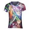 Festivalshirt van Superfout - fout t-shirt - festival outfit - rave kleding - techno outfit - kleding voor fout feest - gigantisch fout kattenshirt met poezen die lazers uit de ogen schieten in een galaxy print