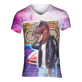 Festivalshirt van Superfout - fout t-shirt - festival outfit - rave kleding - techno outfit - kleding voor fout feest shirt - t-rex met een boombox op zn nek