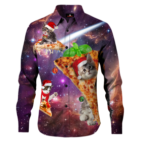 Fout kerst overhemd met katten in pizza's